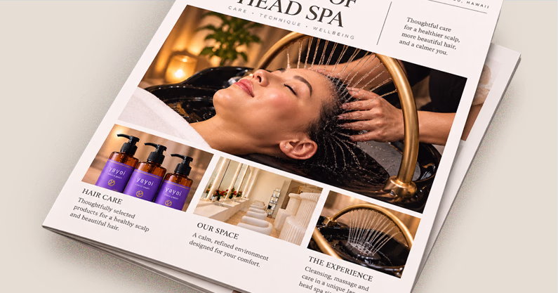 The Art of Head Spa booklet with treatment and product photographs.